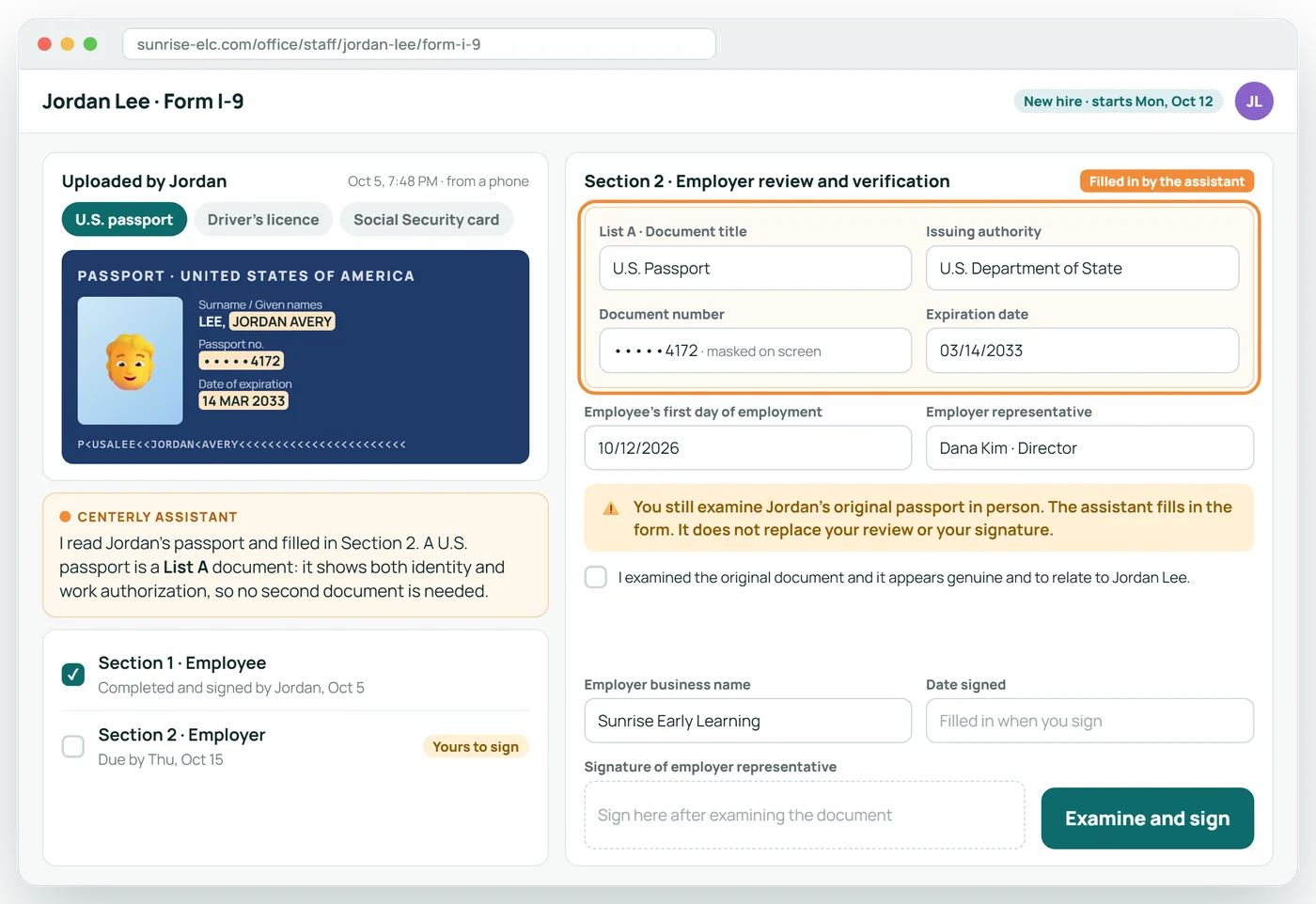 Form I-9, pre-filled from the ID
