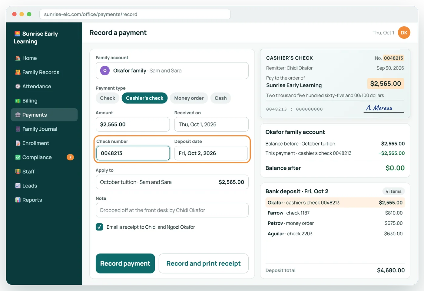 Checks and money orders go on the ledger too